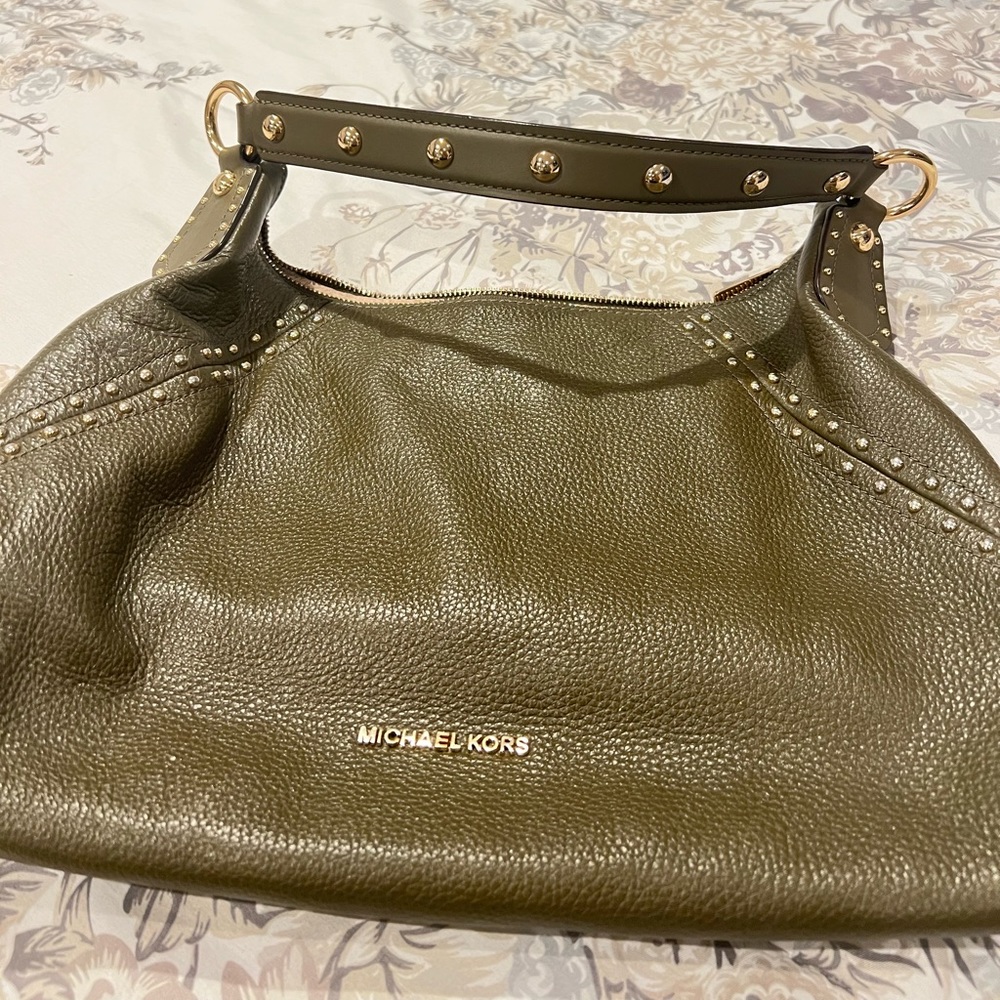 Michael Kors olive colored leather handbag with gold studded detail.